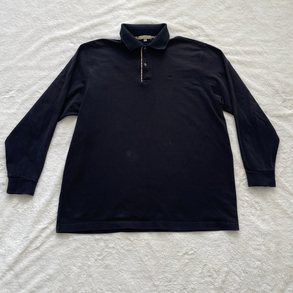 Burberry London Mens Long Sleeve Polo Shirt Black Nova Check XL Pique Cotton